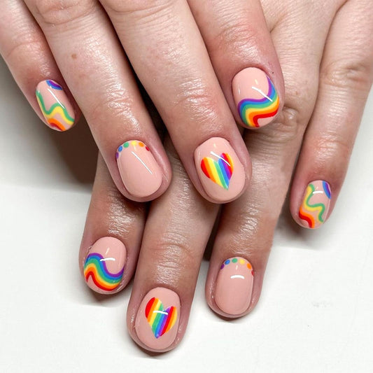 Rainbow Stripe Press on Nails Short Square Fake Nails with Colorful Heart Polka Dot Design Summer Press on False Nails Glossy Stick on Nail Reusable Artificial Glue on Nail for Women 24Pcs