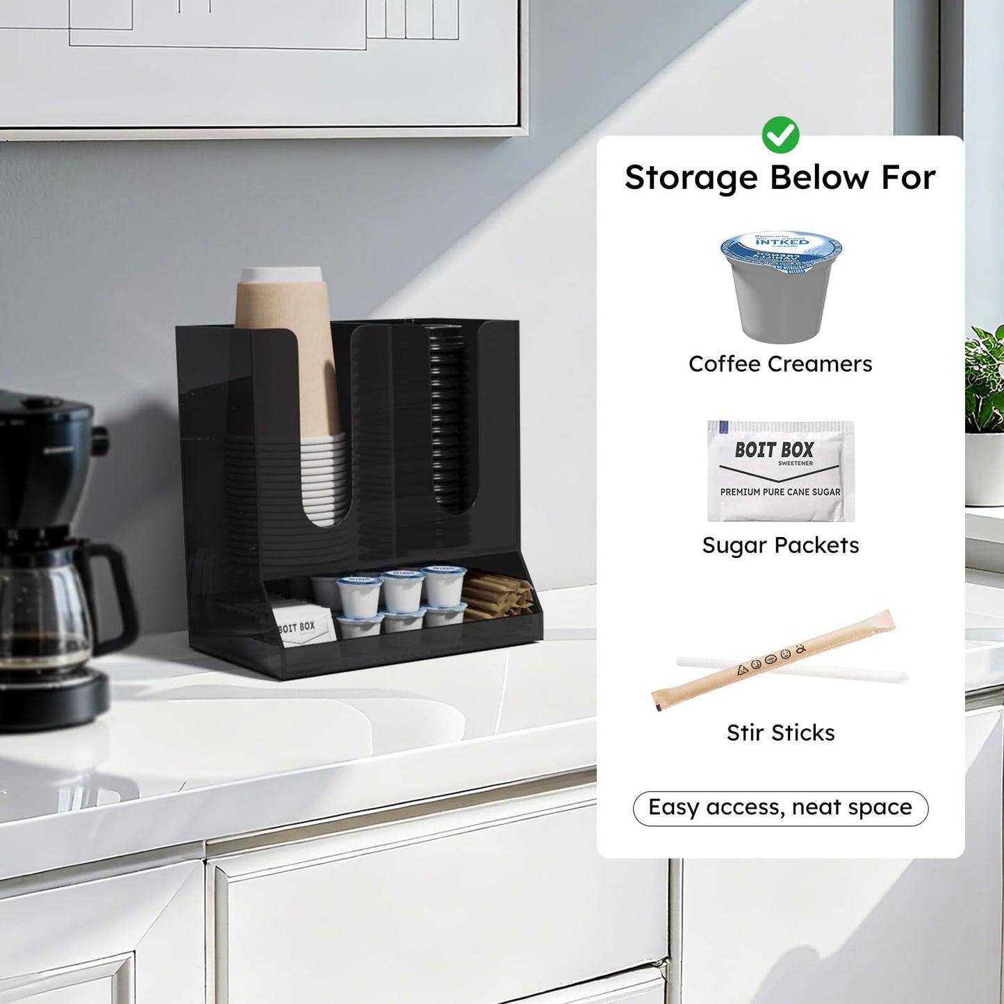 AITEE Acrylic Coffee Station Organizer for Countertop, Holds 20 Cups, All-in-One Coffee Cup and Lid Holder with Condiment Storage for Office Breakroom and Home Kitchen, Black