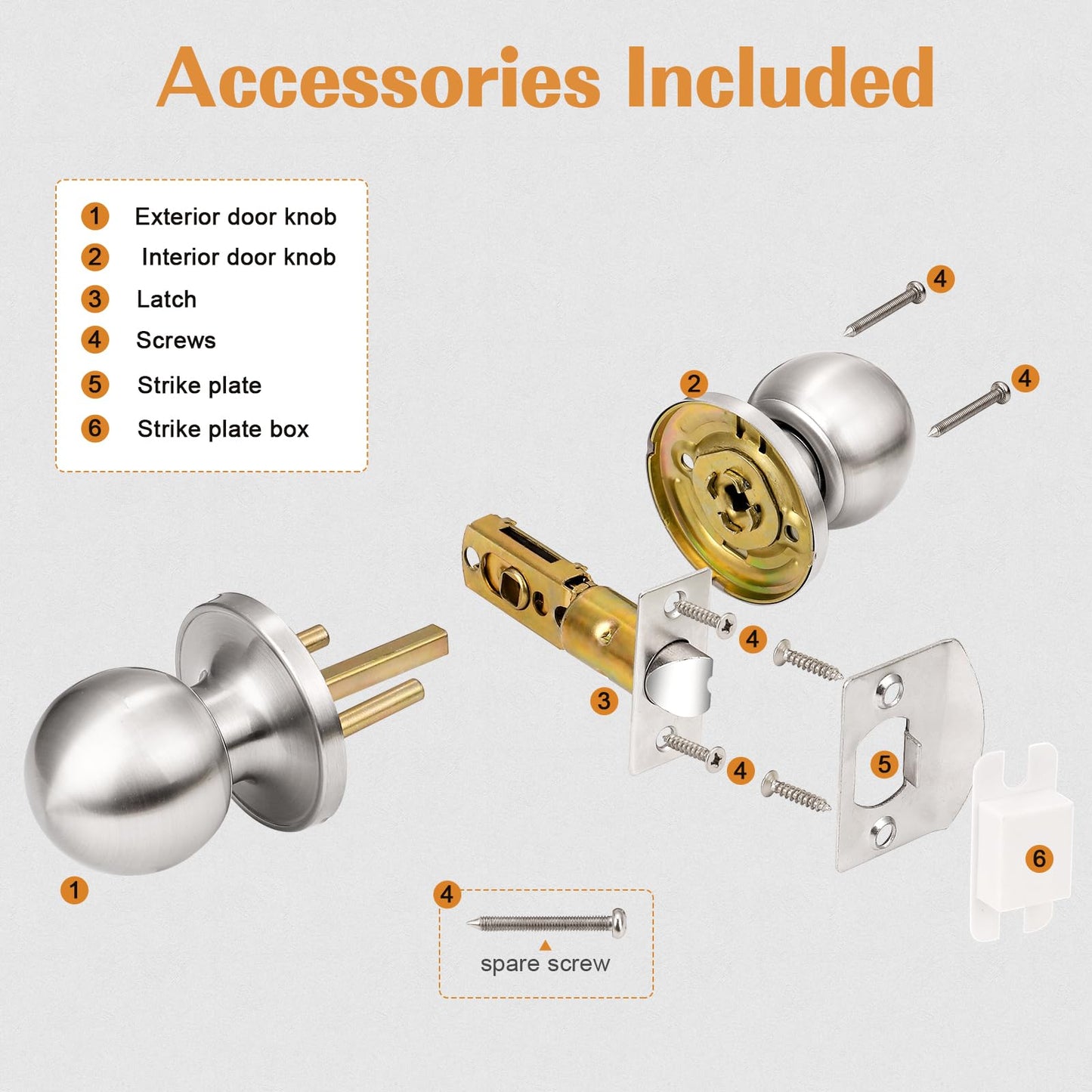 Probrico Brushed Nickel Passage Door Knob for Hallway Closet, Keyless Interior Door Knobs, Non-Locking Round Door Knob, 8 Pack