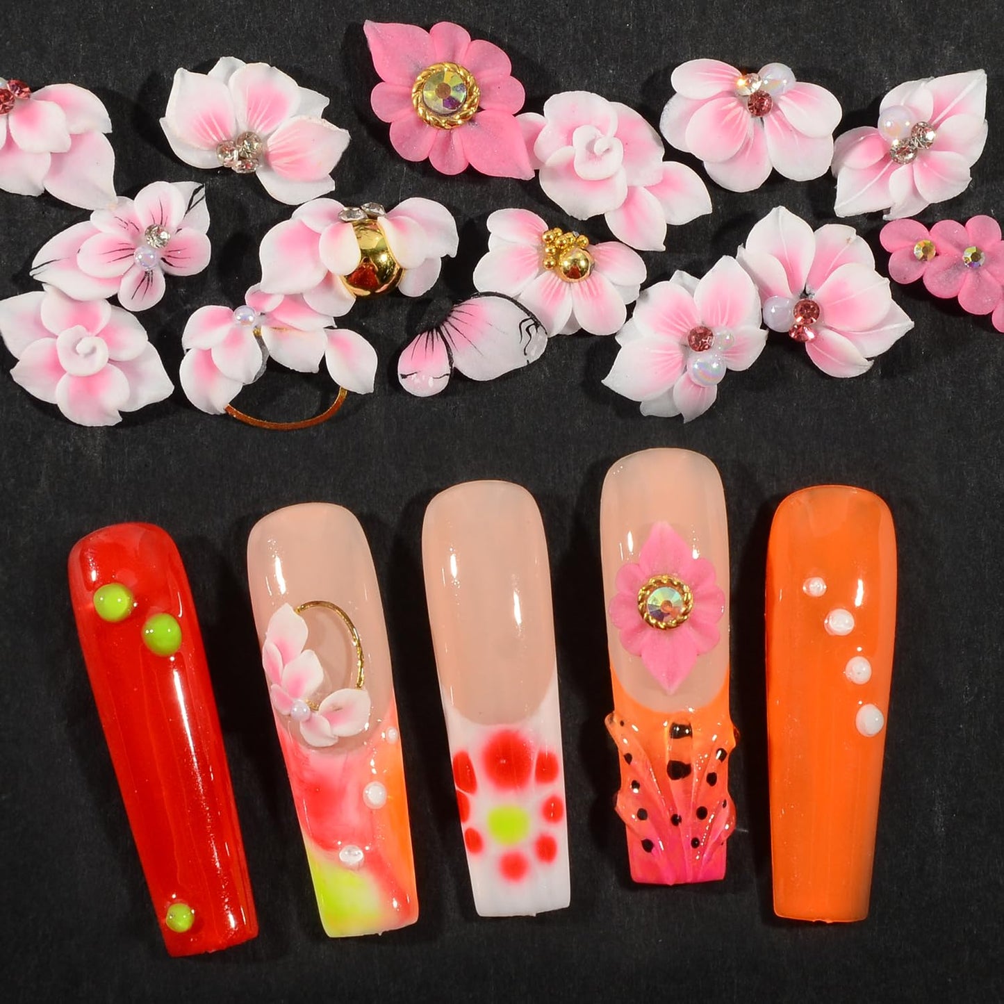 30PCS 3D Handmade Flower Nail Art Charms Advanced Handcrafted Cherry Blossom Flower Colorful Sculpted Floral Nails with Rhinestone Caviar Beads Design for Women Profession Nail Art Craft Jewelry