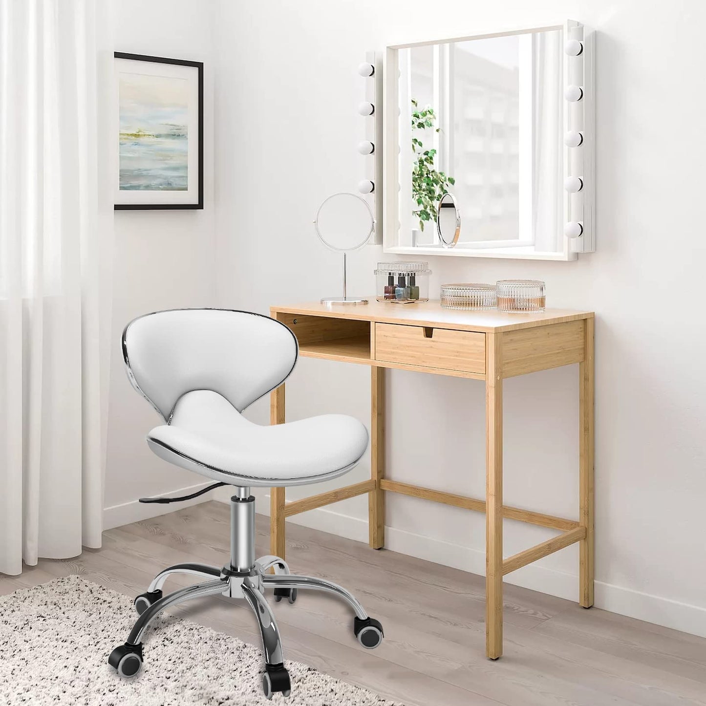 Adjustable Rolling Stool with Backrest,Drafting Spa Bar Medical Salon Tattoo Stool Chair with Wheels 360 Swivel,Heavy Duty,400lbs Weight Capacity,White