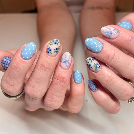 24Pcs Blue Press on Nails Short Almond - Cute Blueberry Bow Fake Nails with Plaid Polka Dot Design Glossy Spring Summer False Nails for Women DIY Manicure Reusable Stick on Nails Acrylic Nail Tips