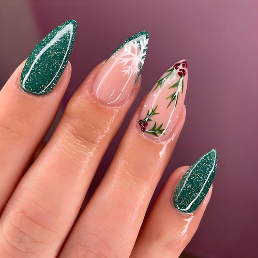 Christmas Press on Nails Almond Medium Fake Nails Green Glitter French Acrylic Nails Kit Winter False Nails with Snowflake Designs Holiday Stick on Nails Glue on Nails for Women DIY Manicure 24Pcs