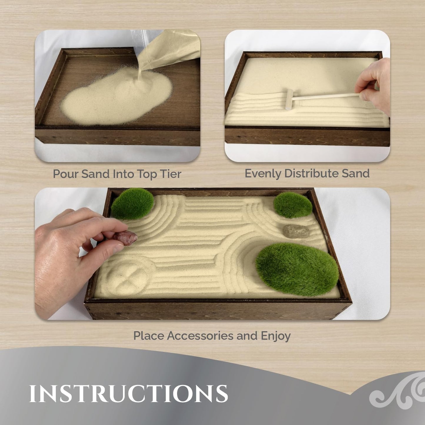 Sunny Lark Wooden Stackable Zen Garden | Desert Luxe Sand with Rake & Accessories | Minimalist Decor Gift for Relaxation