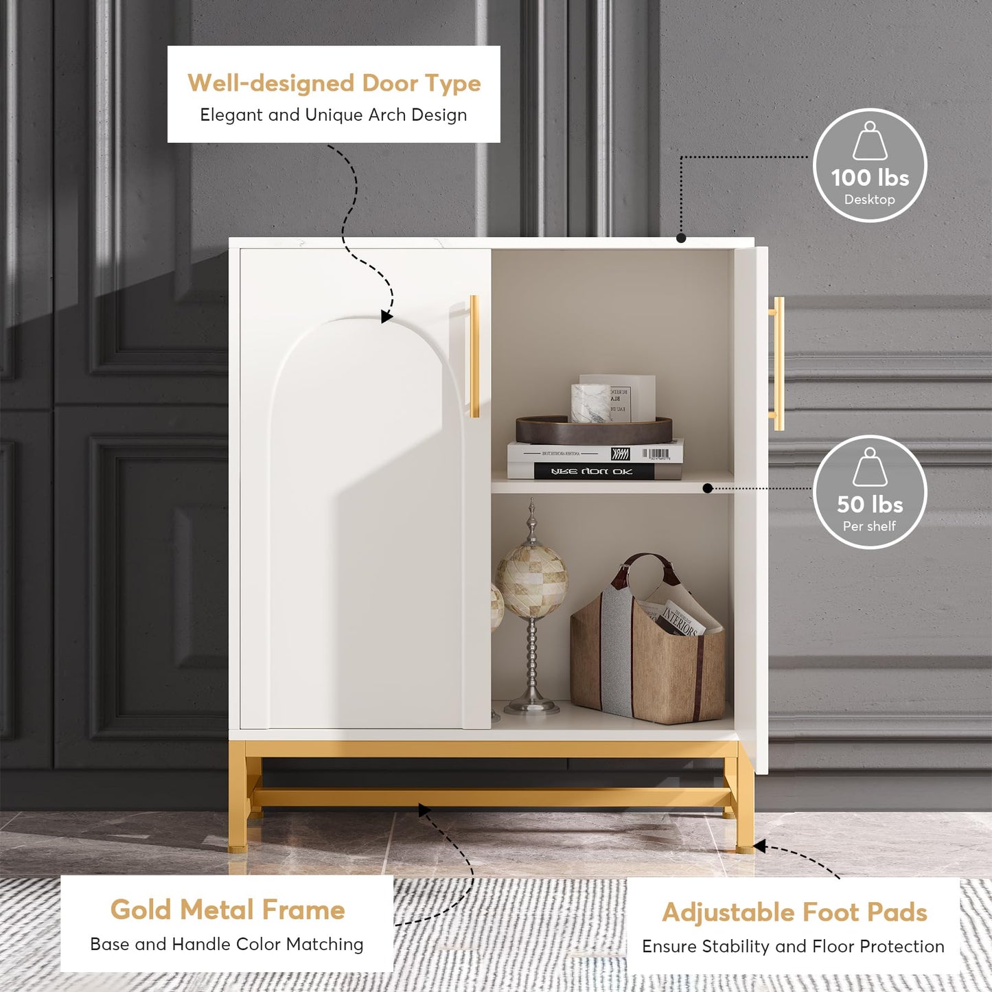 LITTLE TREE Modern Sideboard Buffet with Adjustable Shelf, 4 Doors Storage Cabinet with Faux Marble Top Metal Frame for Living Room Kitchen Dining Room Hallway, White Gold