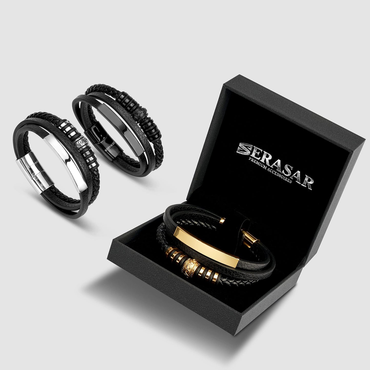 SERASAR 8″ Silver Leather Bracelets for Men Mens Cowhide Gift Box Braided Bracelet Stainless Steel Jewelry Wrist Band Cuff Wrap Rope Bangle Dad Pulseras para Hombres Cuero Regalo