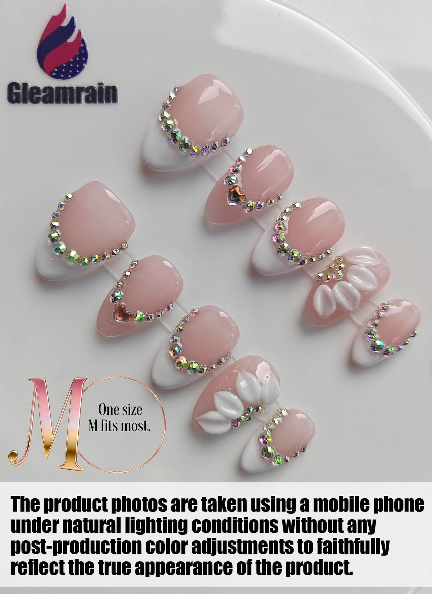 Gleamrain Handmade Press on Nails Short Almond for Women,Handcrafted Floral Design Reusable Full Cover Fake Nails for Daily Wear Party Birthday P202
