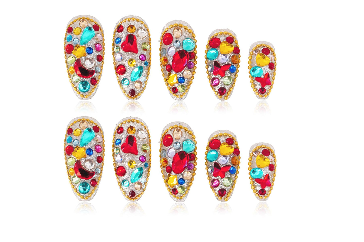 24Pcs Handmade Press on Nails, Bling Rhinestones Medium Length Almond Shape Fake Nails with Colorfull Design,Cute Manicure Kit for Women and Girls