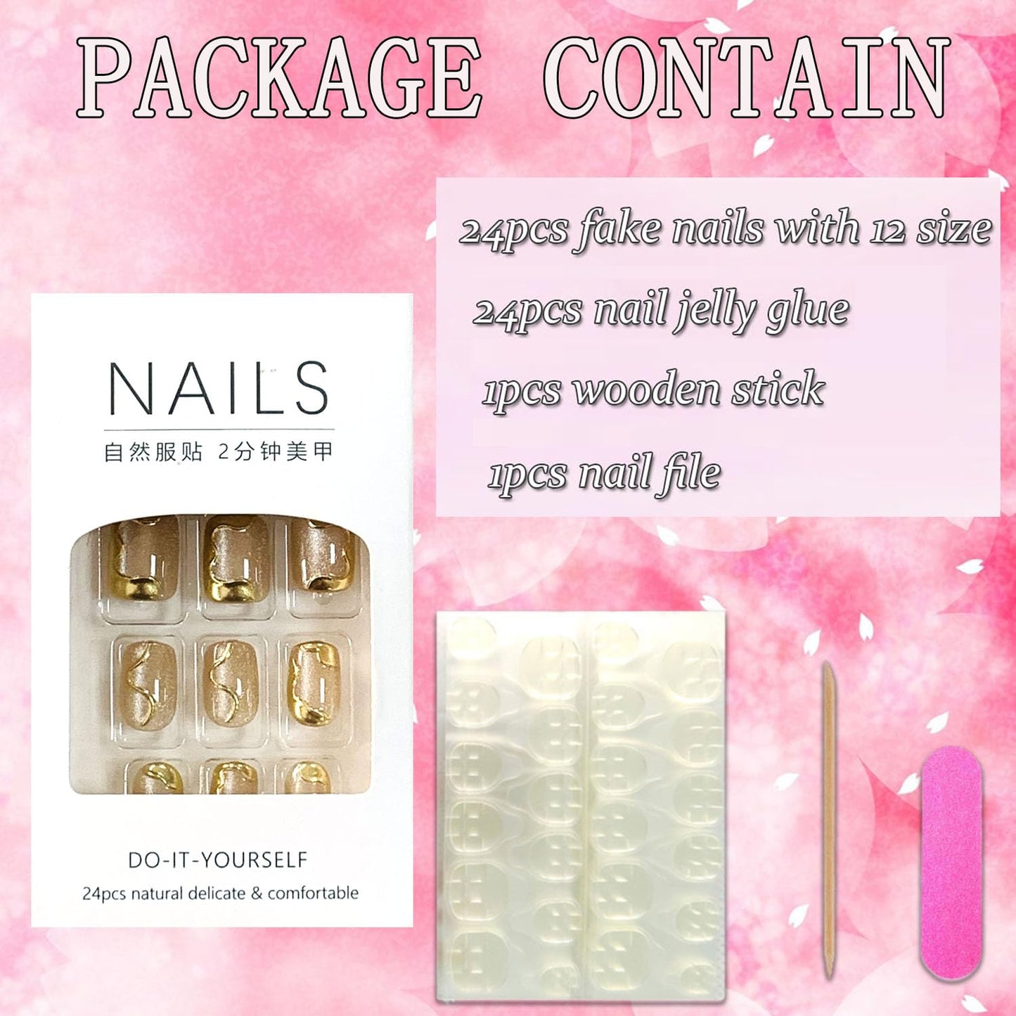 FIEONCIY Press on Nails Square Short Length Glossy Full Cover Acrylic Short Square Shaped False Nails with French Designs Artificial Fake Nails Glue Stick ons Fingernails for Women Girls(W2444)
