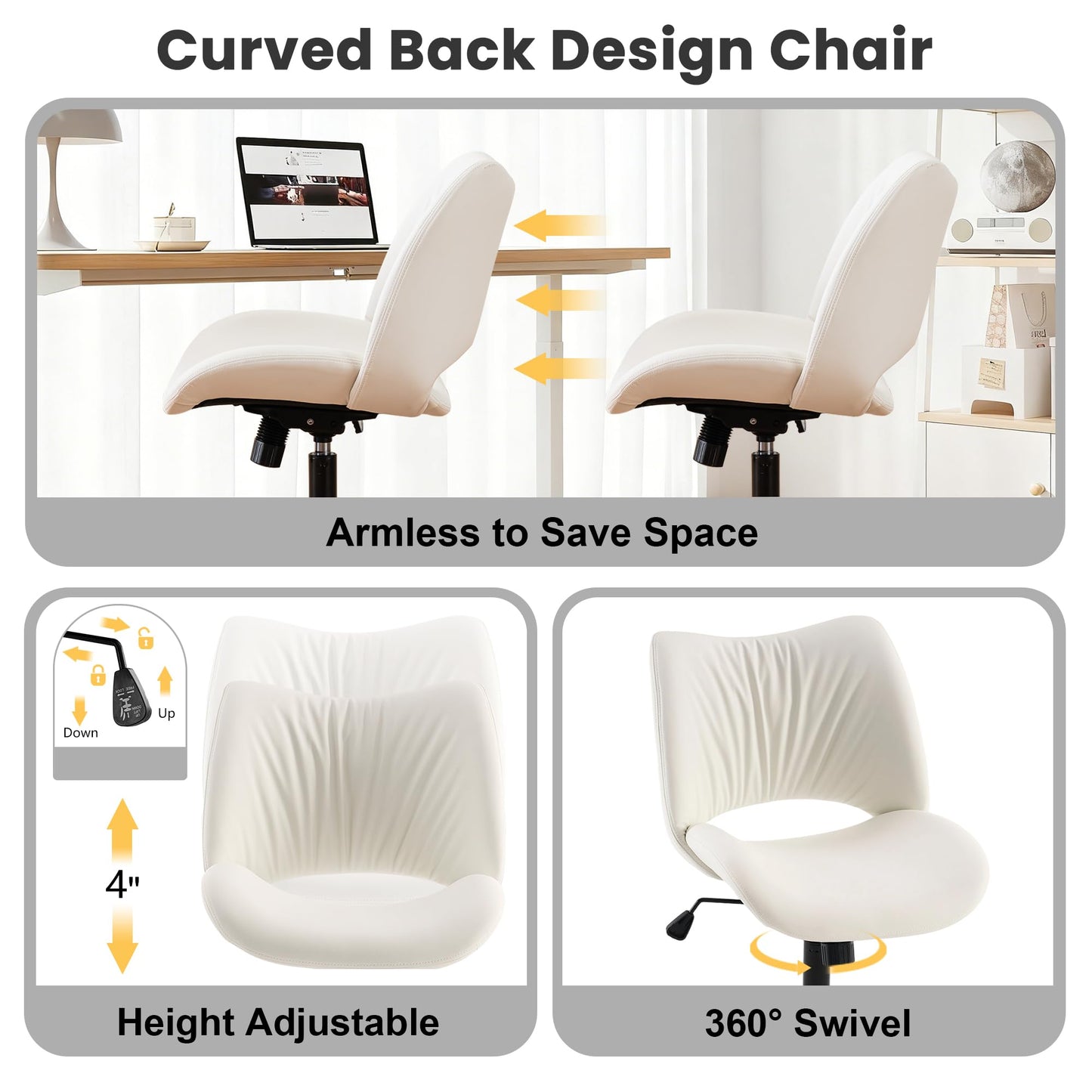 ROHASID Armless Desk Chair, Comfy Armless Office Chair with Wheels, Height Adjustable Faux Leather Desk Chairs for Office, Swivel Vanity Chair with Back for Bedroom, Reading Nook, White