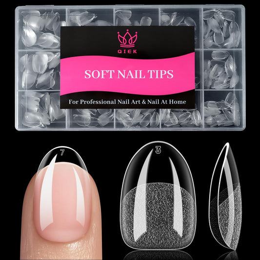 Qiek Short Oval Fake Nail Tips - 15 Sizes 240 PCS Clear Half Matte Press On False Nail Tips Pre-shaped Soft Full Cover Gel Nail Tips Extensions Thick Long Lasting for DIY Beginners & Salon Manicure