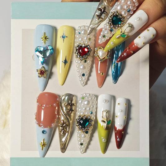 Handmade Press On Nails Stiletto, French Tip Press On Nails Long, Rhinestone Pearl 3D Nails For Women Gift, Reusable Stick On Fake Nails Kit With Nail Glue (Multicolor, S)