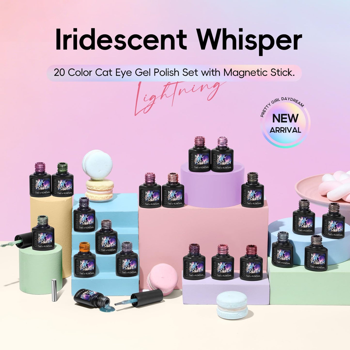 COSCELIA 20pcs Cat Eye Gel Nail Polish Set, 20 Spring Summer Colors Jelly Cateye Gel Polish with Magnet Collection Pink Milky Purple Blue Green Pink Magnetic Nail Polish Starter Kit Gifts for Women