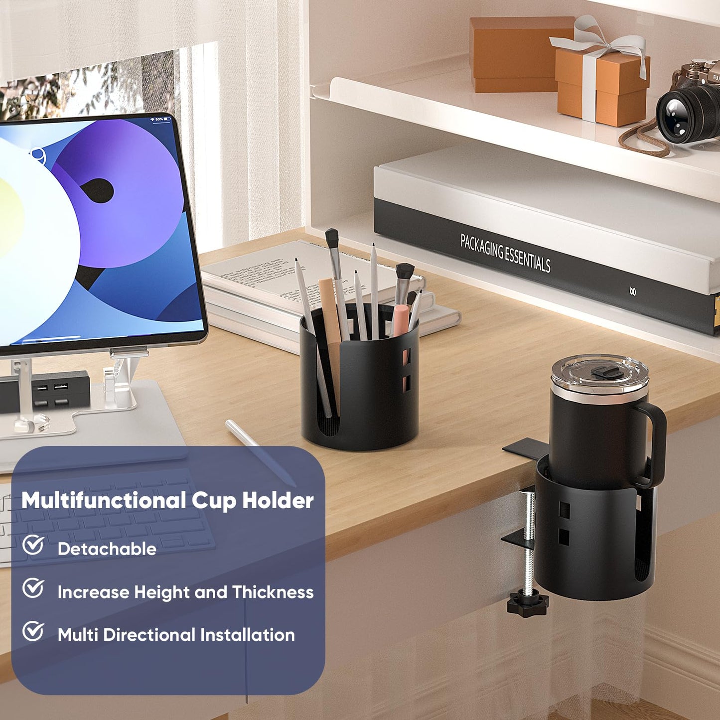 Deeper Desk Cup Holder, OOKUU Anti-Spill Cup Holder for Desk or Table, Sturdy and Durable, Easy to Install, Enough to Hold Coffee Cups, Water Bottles, Gaming PC Office Accessories, Black