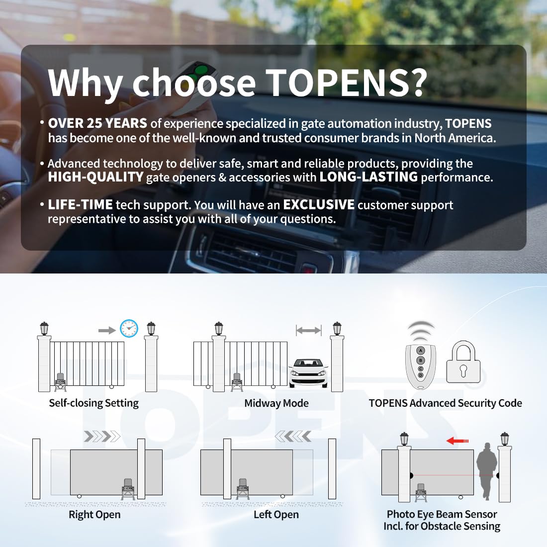 TOPENS CK2600 Automatic Sliding Gate Opener Chain Drive Industrial Commercial 1-1/4 HP Gate Motor for Heavy Driveway Slide Gates Up to 5700 Pounds, AC Powered with 20ft Roller Chain and Remote Control