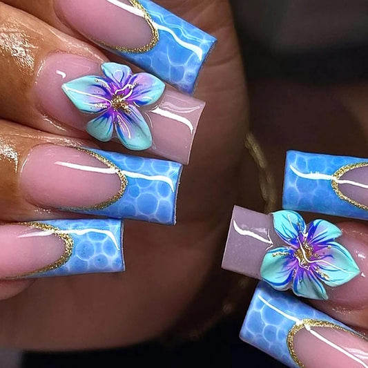 MISUD Press on Nails - Long Square Glue on Nails with Blue French Tip, Acrylic Flower Design 24 pcs