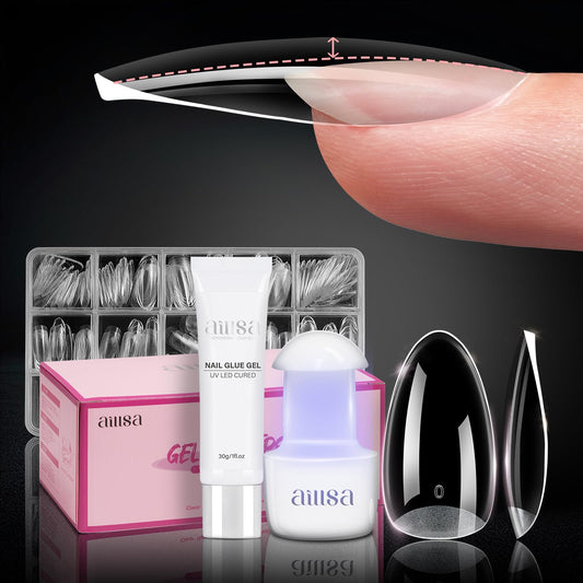 AILLSA Nail Extension Kit Medium Almond Nail Tips 224pcs, Solid Gel Nail Glue 30g for Acrylic Fake Nails, Gel Nail Tips Kit with Nail Lamp for Beginners DIY Home Salon