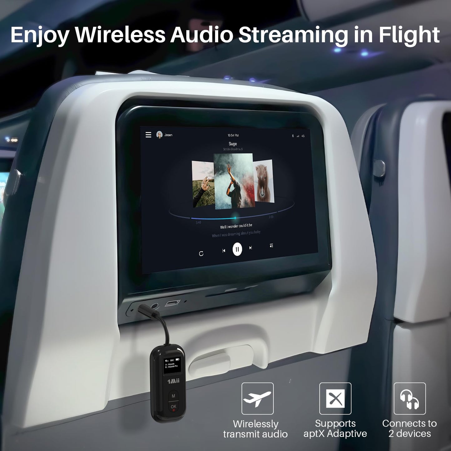 1Mii SafeFly Pro Bluetooth 5.3 Transmitter Receiver, Wireless Audio Adapter w/Screen for 2 Bluetooth Headphones, AptX LL/HD/AD, Use with Any 3.5MM Jack on Airplane, TV & iPad/Tablet