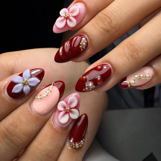 Press on Nails Almond Medium Fake Nails Blush Acrylic Nail 3D Water Ripples Pearls Flowers Designs French Glue on Nails Press ons Brown Stick on Nails for Women 24Pcs
