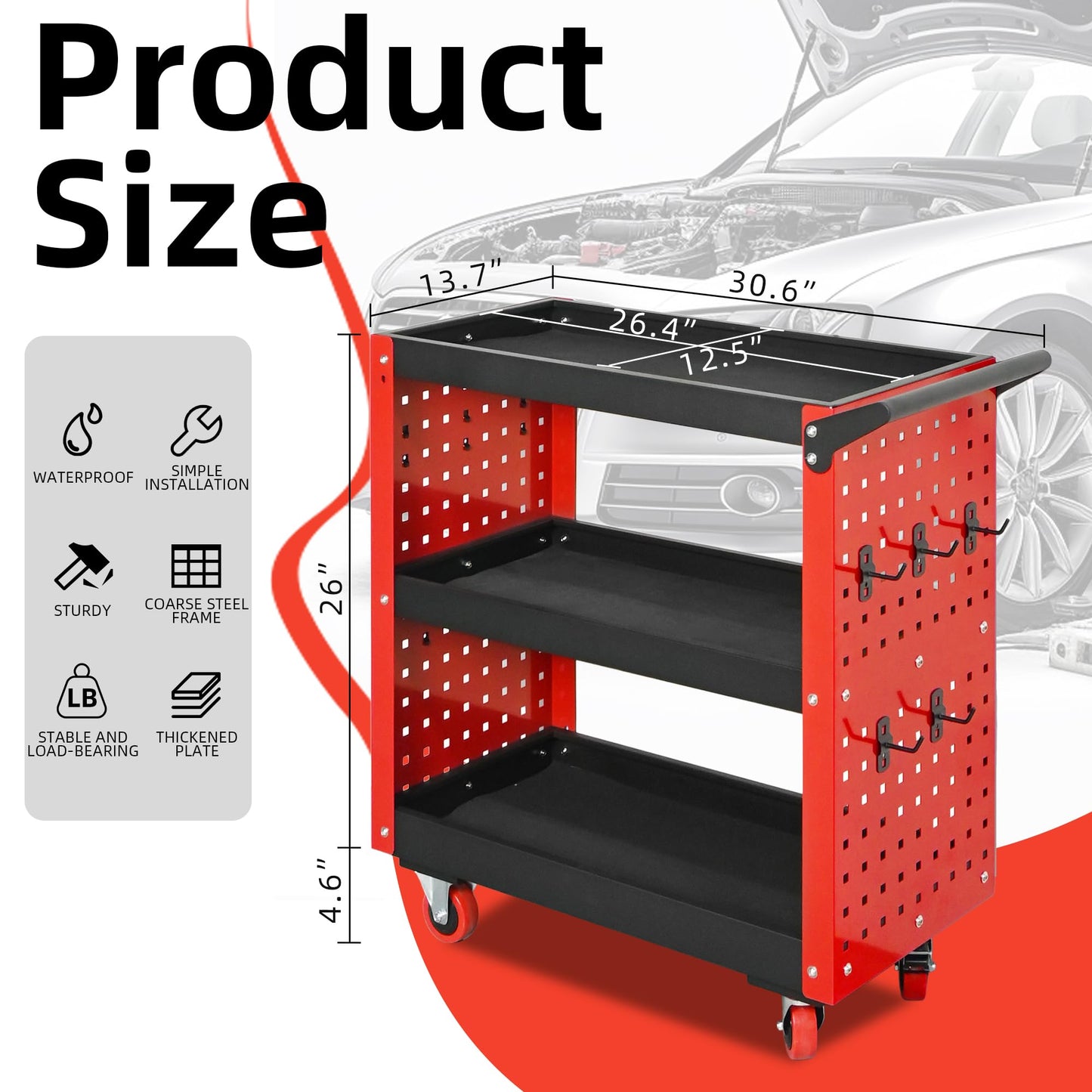 XCX 3 Tier Rolling Tool Cart on Wheels, 660LBS Load Capacity Heavy Duty Utility with Pegboard for Repair Shop, Garage, Warehouse, Workshop