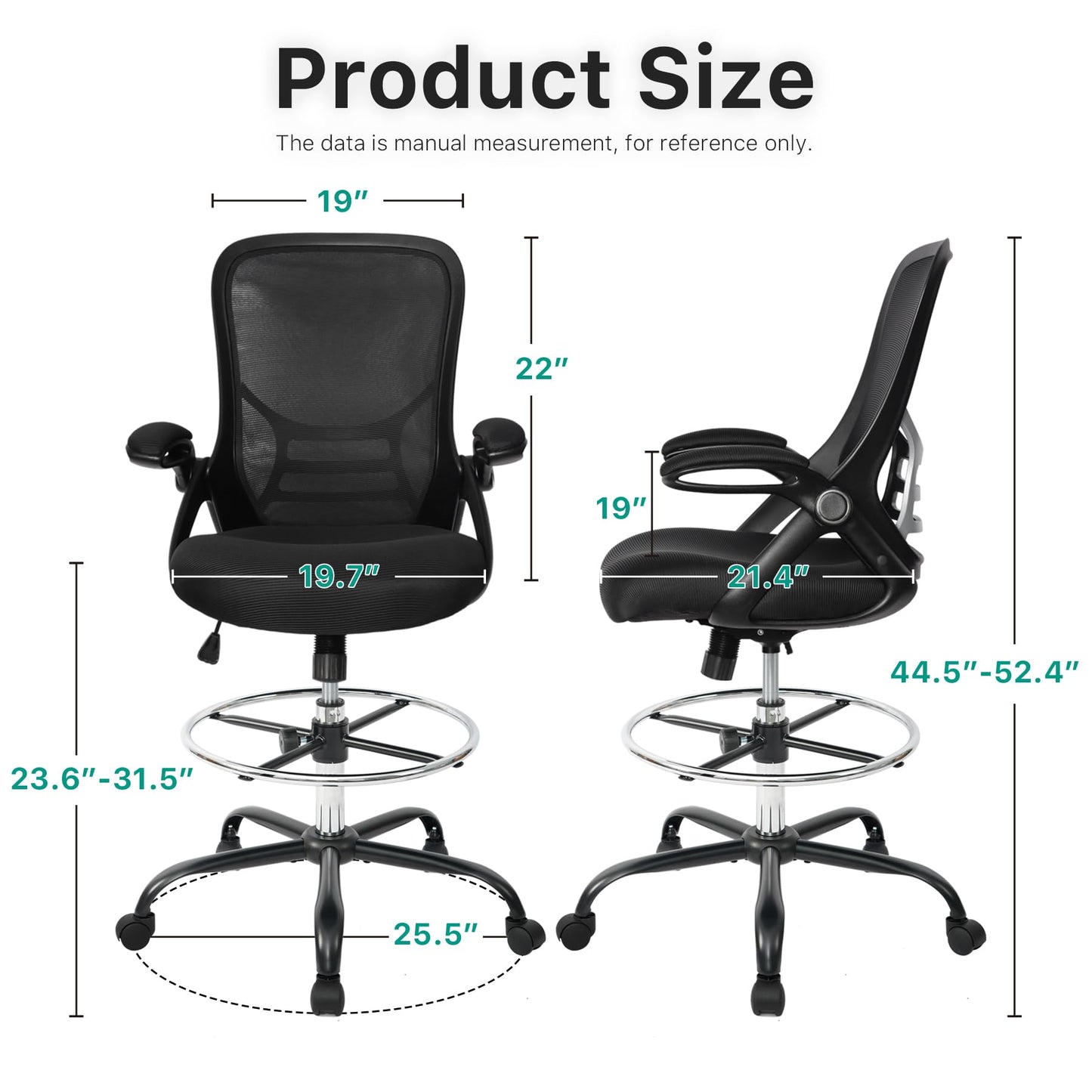 HYLONE Drafting Chair Tall Office Chair High-Back Mesh Standing Desk Stool with Adjustable Footrest Ring and Flip-Up Arms (Black)