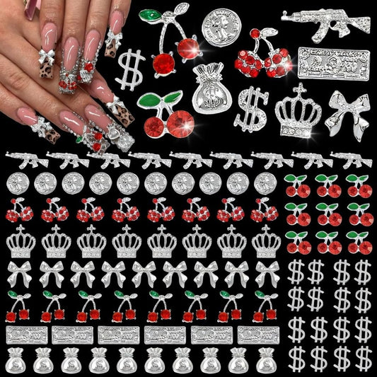 Pizadix 106Pcs Silver Red Nail Art Charms, 3D Cherry Money Bag Coin Gun Cross Jewelry, Y2K Retro Luxury Designer Nail Supplies