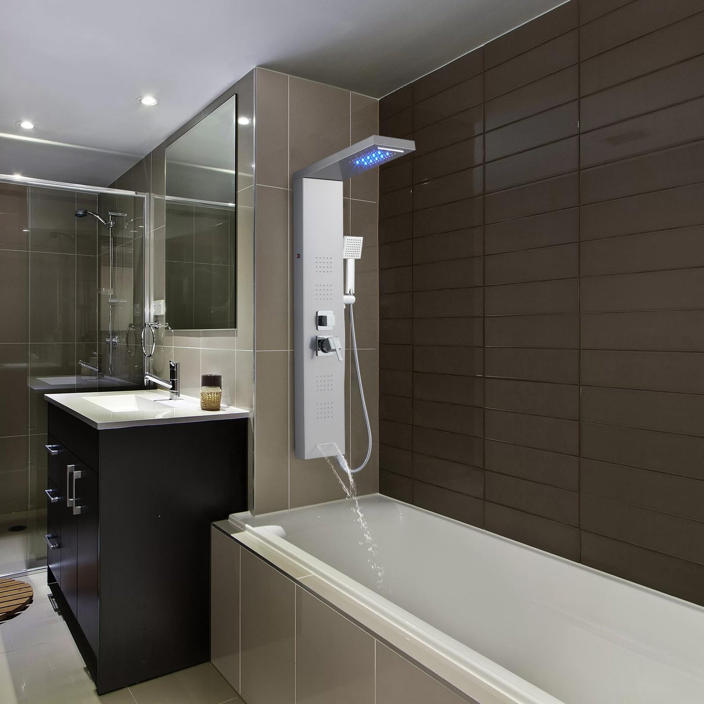 ROVOGO LED Shower Panel Tower System 46.5", 5-Function Shower Column with Rainfall Waterfall Shower Head, 4 Body Jets, Handheld and Tub Spout, Stainless Steel Brushed