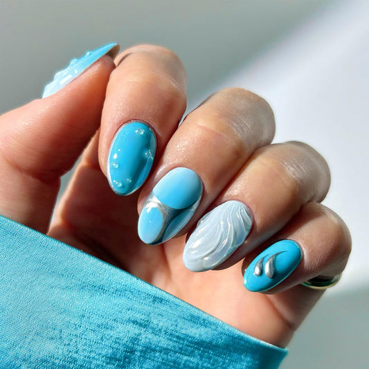IMSOHOT Press on Nails Short Oval Fake Nails Blue Round False Nails Glossy Acrylic Nail Supplies Full Cover Glue Stick on Nails for Women Girls Manicure Decoration Summer Cute DIY Nail Art