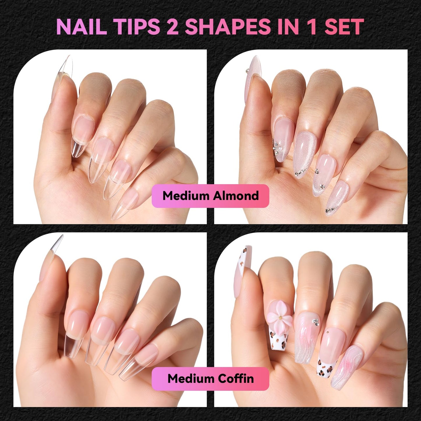 Makartt 420Pcs Medium Almond & Coffin Nail Tips, 2 Shapes in 1 Box Clear Full Cover Fake Nails with 15 Sizes Each, Pre-Etched Inside Medium Nail Tips for DIY Press On Nails, Nail Extensions at Home