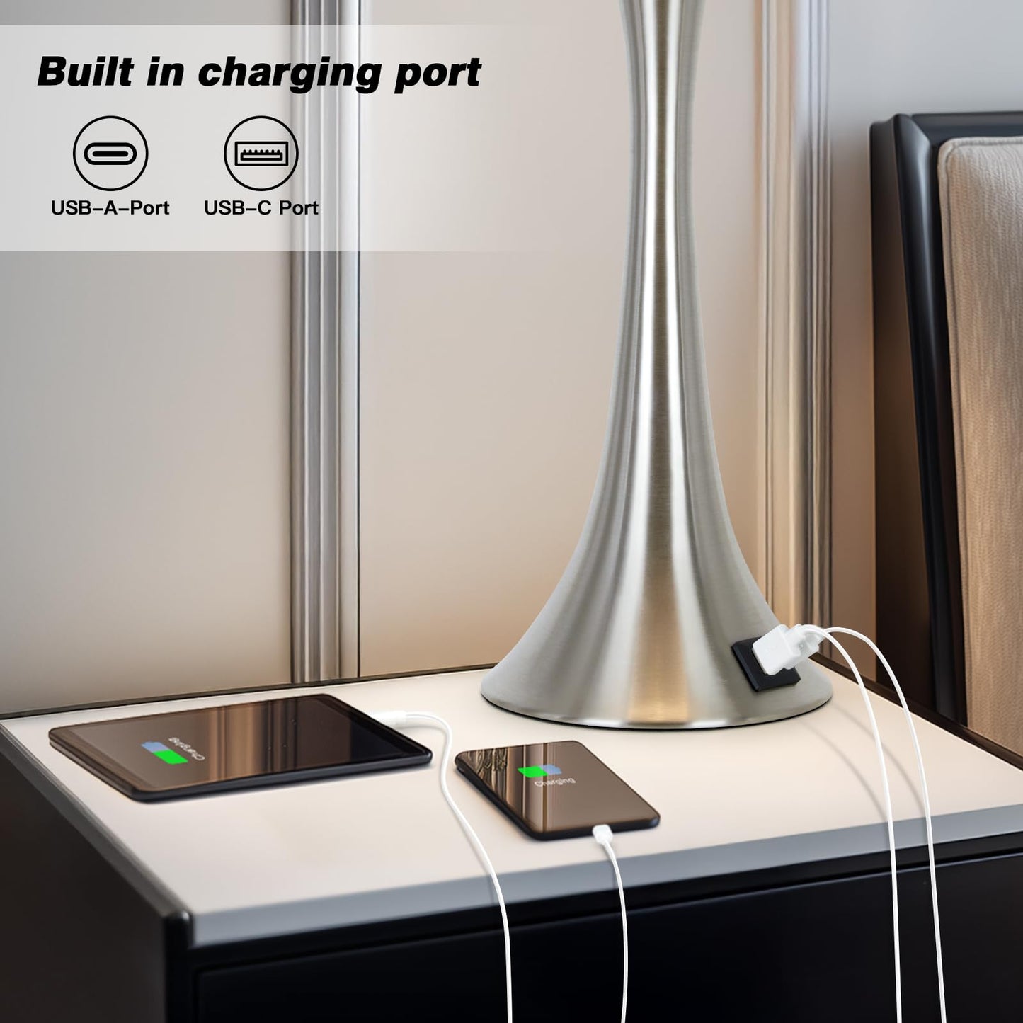 Rinweey 27.5" Silver Table Lamps, Touch Bedside Lamps with USB C+A Ports, 3 Way Dimmable Nightstand Lamps for Bedroom, Living Room, Office, Silver Lamp with Beige Lampshade, Bulbs Included (1 Pack)