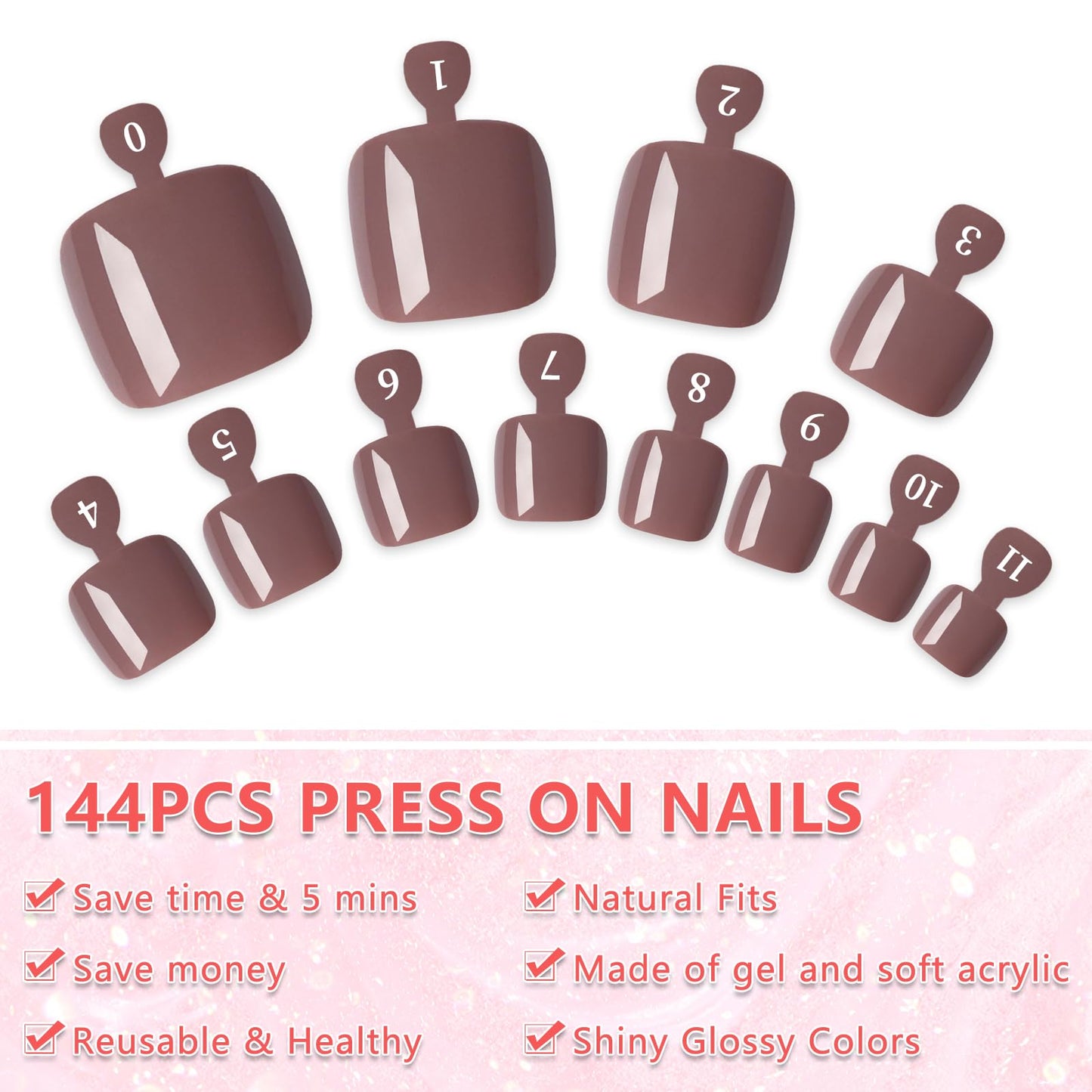 EternalClassic 144pc Press on Toenails for Women Toe Nail Press ons Short Square with Glue&Jelly Glue, Brown Fake Toe Nails Glue on Toe Nails, Full Cover Acrylic Artificial Toe Press on Nails