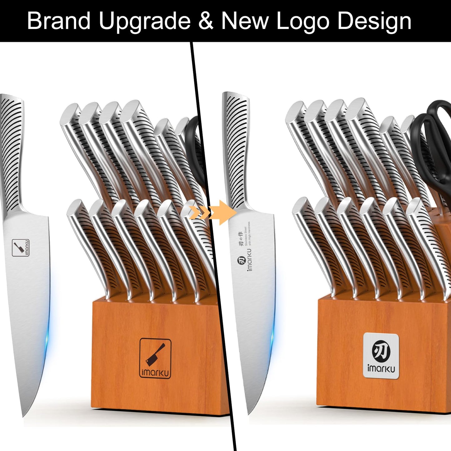 imarku 14-Piece Knife Set, Japanese Stainless Steel Knives Set for Kitchen, Full-Tang Gyutou Knife Sets with Block and Build-in Sharpener, Brown, Dishwasher Safe, House Warming Gifts