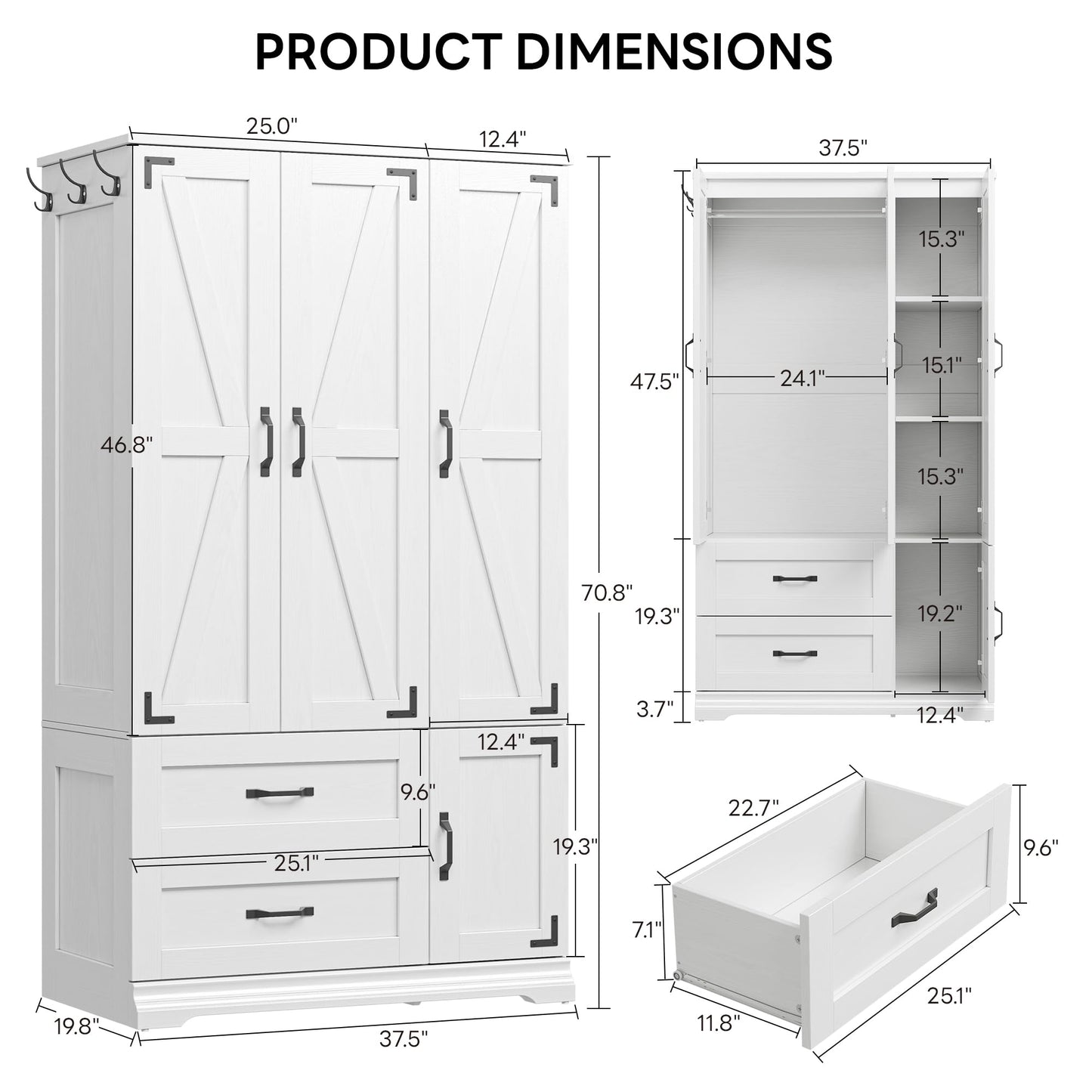 LIKIMIO Armoire Wardrobe Closet 71" H, Bedroom Wooden Wardrobe with 4 Doors and 2 Drawers, Farmhouse Clothing Storage Cabinet Combination with Hanging Rod, Shelves, and Hooks, White