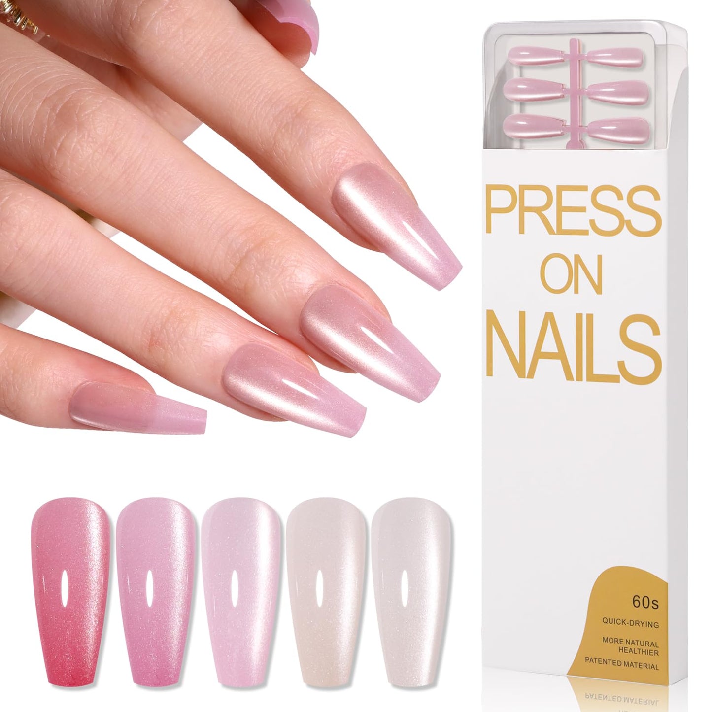 CUZIAM 150Pcs Cat Eye Press on Nails Coffin Medium, 5 Colors Natural Nude Pink Reusable Artificial Acrylic False Nails Glass Magnetic Long Lasting Gel Nail Tips,Fake Nails Manicure Kit for Women