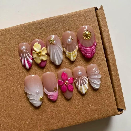 Medium-Size - Luxury Medium Almond 3D False Nails Women Reusable ABS Material Finger Printed Nail Tip French Salon Design Artificial Fingernail-M-size