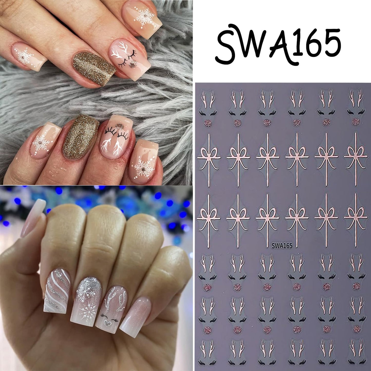 CJDLTS 6 Sheets Christmas Bow Cute Elk Nail Art Stickers Winter Holographic 3D Self -Adhesive Gold and Rose Gold Christmas Day Elk Bow Nails Decals Decoration for Women Xmas DIY Manicure