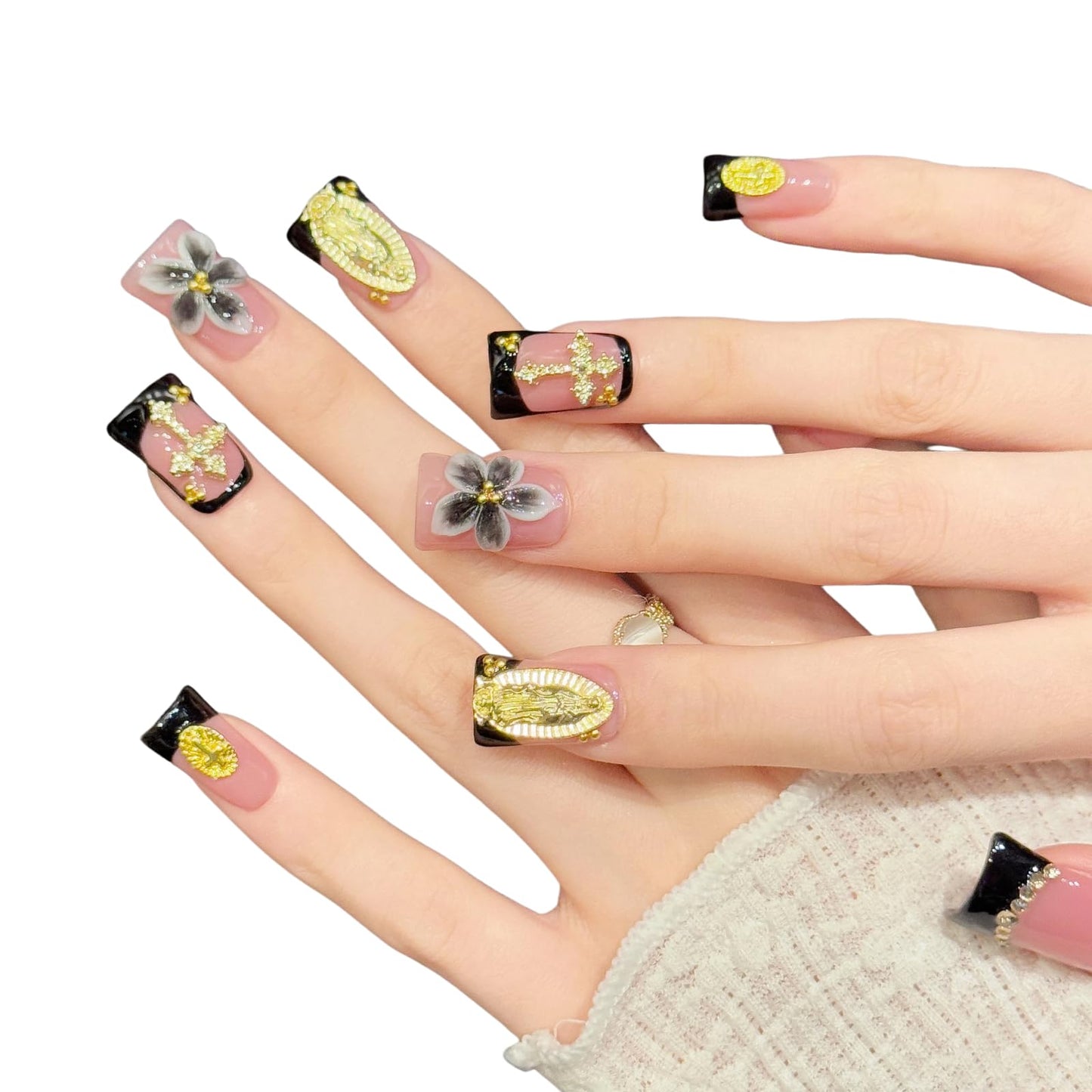 Tesytto Handmade Press On Nails Pink Black French Tip Short Duck with Virgin Mary Gold Cross 3D Flower Charm, Luxury Stick On Fake Nails for Women, 10 Pcs (Black Gold Floral Vow,S)
