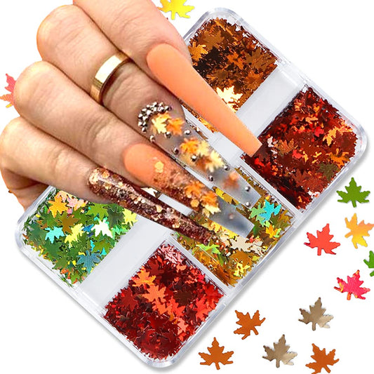 Fall Glitter Nail Sequins Maple Leaf Nail Glitters Flakes 3D Maple Leaves Nail Art Stickers Decals Gold Laser Glitter Nail Designs Retro for Manicure Autumn Winter Gel Nail Art Decorations 6 Grids