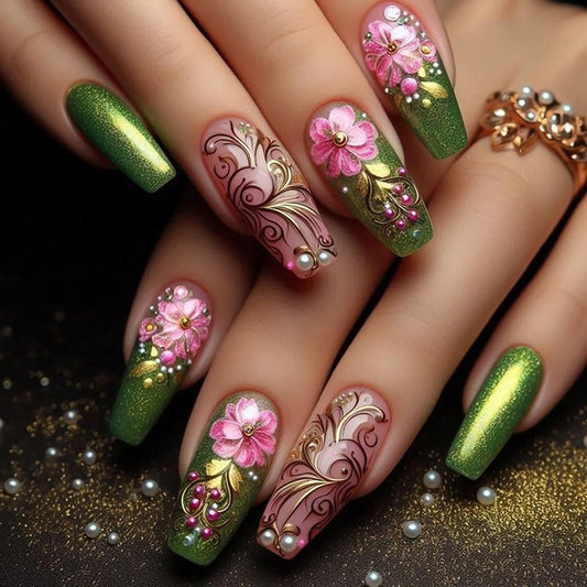 TBRZTR Flower Press on Nails Long Length Full Cover Glossy Green Stick on Nail Floral Pearl Design Ballet Shaped Gradient False Nails Reusable Artifical Acrylic Press Ons Glue on Nail for Women 24Pcs