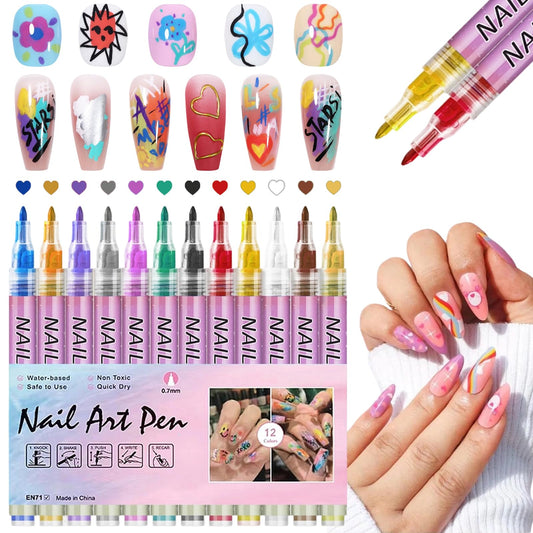 12 Colors Nail Art Pens Set, 2026 New 0.7MM Nail Art Markers Quick-Drying Nail Polish Pens for Home & Salon Nail DIY, Nail Art Tools for Dotting Drawing Painting Point Liner DIY (1 Set)