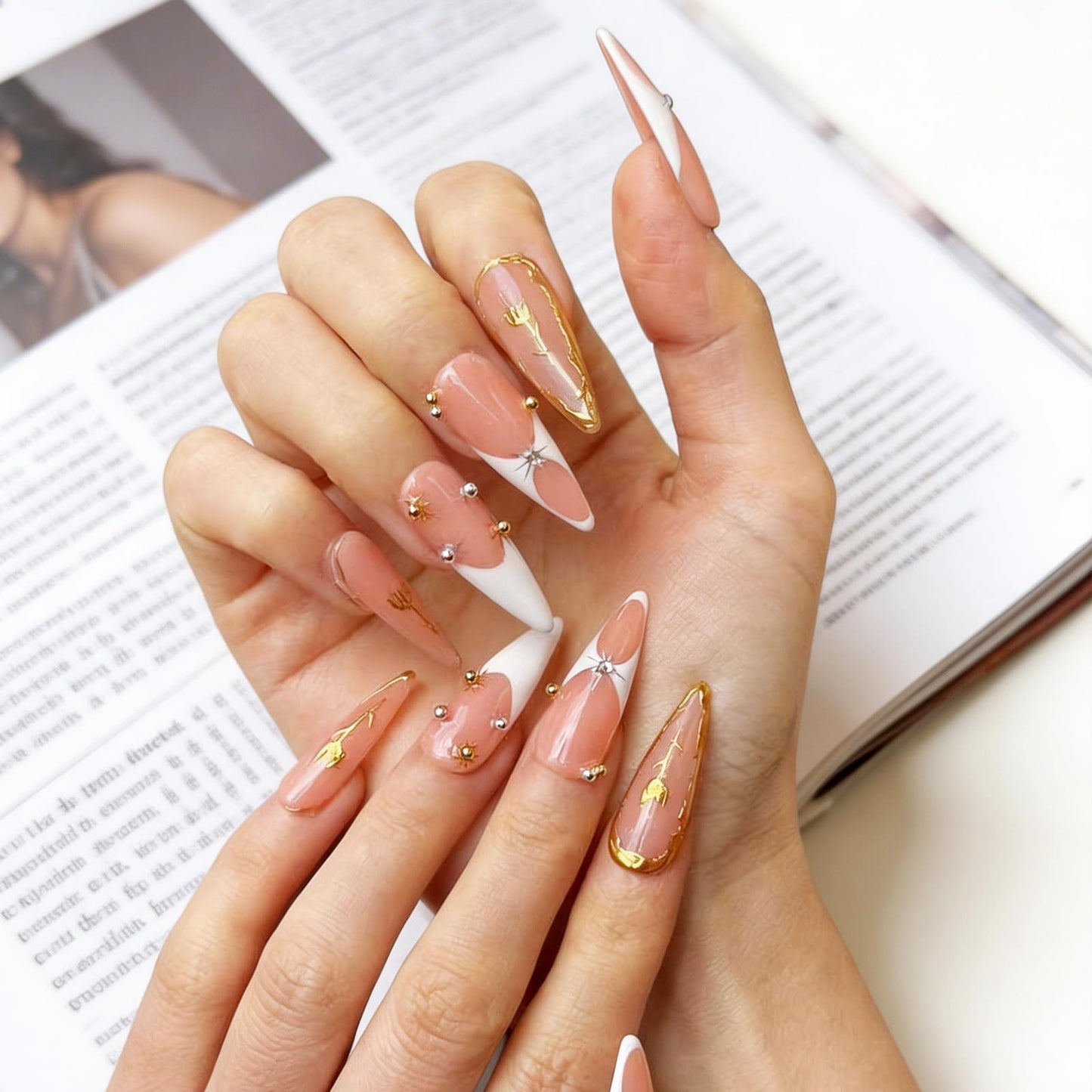 Luxury Long Stiletto Handmade Press-On Nails – Nude Almond Acrylic False Nails with 3D Rhinestones & White French False Nails – Reusable Nail Art(10PCS-M)