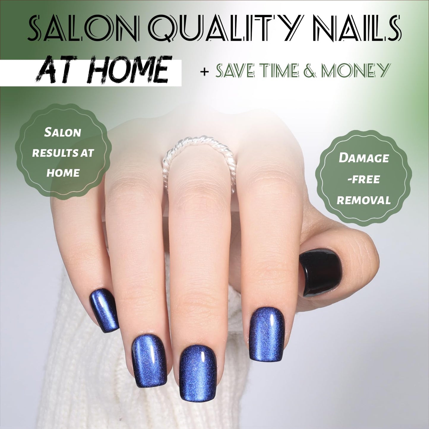 Blue Cat Eye Press On Nails Square - Short Square Fake Nails with Nail Glue, Dark Blue Cateye Press On Nails Reusable Stick On Nails in 15 Sizes 30 Nail Kit for Women & Girls | Salon Quality