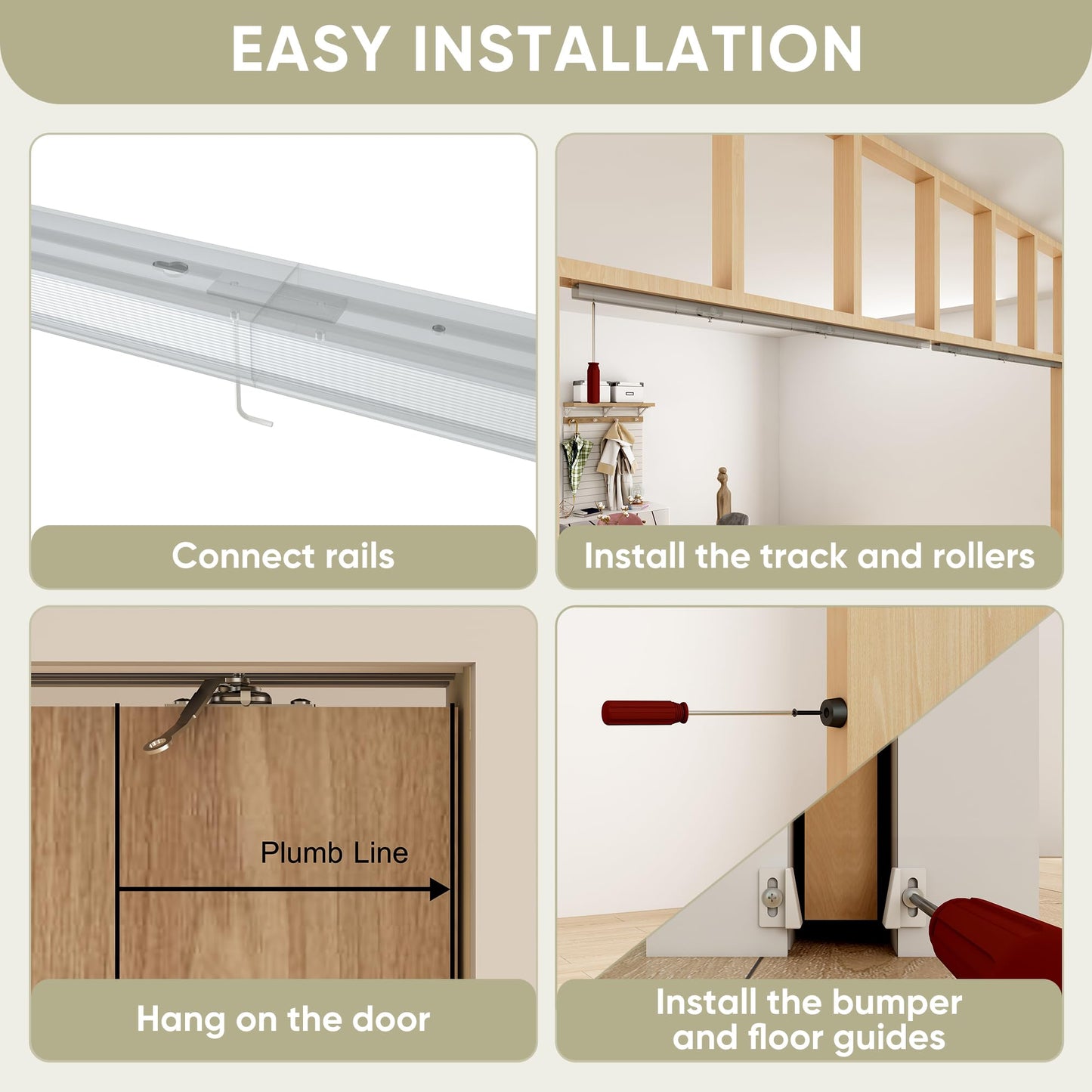 BarnBase 12FT Double Pocket Door Track Kit, 2 Sets of 68.7" Spliced Rail, Suitable for Double Door Width 48"-72"(Single Panel 24"-36"), Slide Quietly and Smoothly, Easy to Install