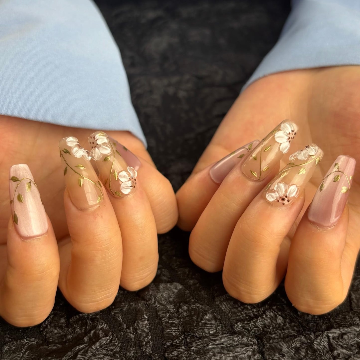 AKA Unicorn Trendy Handmade Press On Nails Medium Coffin Shape,10Pcs Hand Painted Acrylic Fake Nails with 3D Flower Charm Design Clip On Nail for Woman Gift-Design Concept:"Today's Flowers"