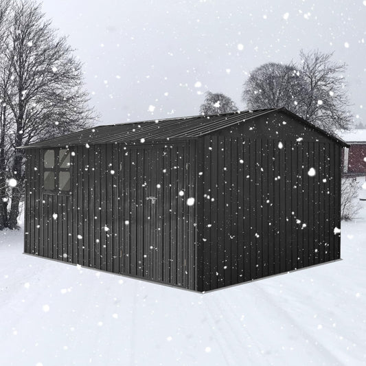 KEIKI 12x10 FT Metal Garden Shed with Window & Storage Shelves, Outdoor Storage House, Apex Roof Ventilated Utility Shed with Hinged Door for Backyard Tool Organization, Lock Included, Black