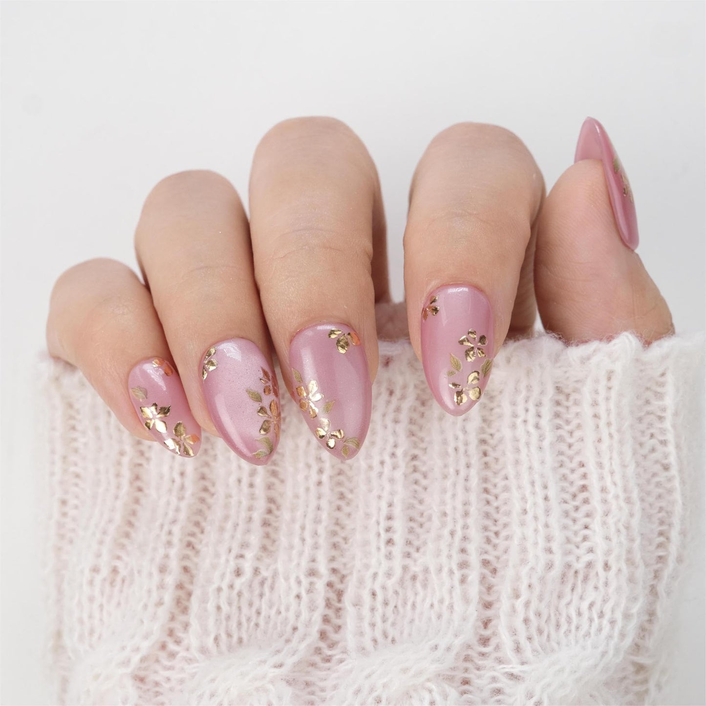 Nailique Press On Nails Short Almond – Handmade Pink Cat Eye Soft Gel with Gold Foil Floral Design, 26pcs Reusable Nail Tips with Glue & Remover, Salon Quality Spring Wedding Manicure for Women