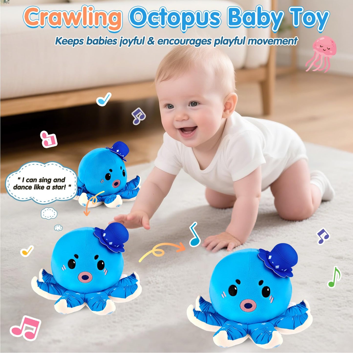 Baby Toy for 6-12 Months, Rechargeable Musical Plush Interactive Toy - 40 Songs & Recording Feature, Crawling Octopus Tummy Time Toy, Soft Sensory Toys for Toddlers 1-3, Gifts for Infants 1 Year Old