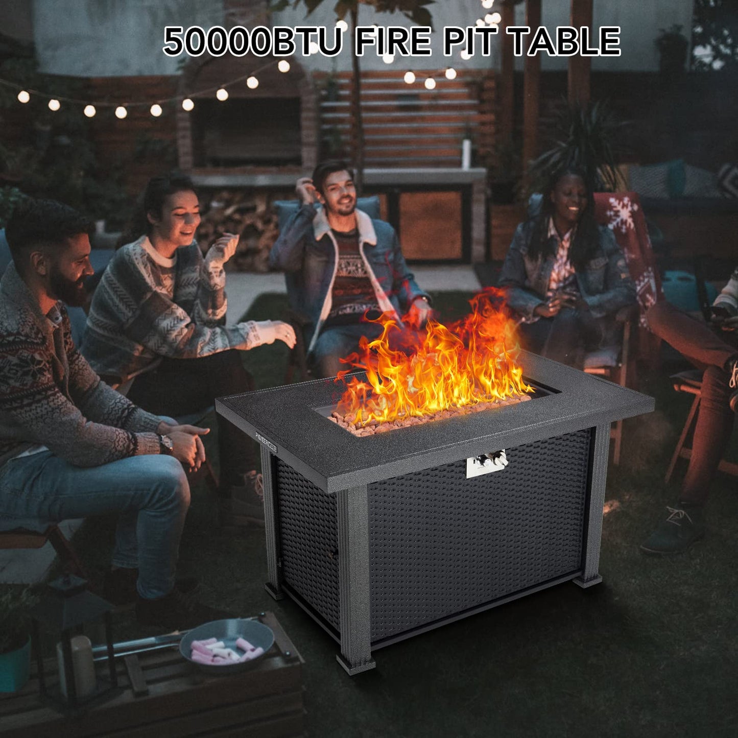 44 in Propane Fire Pit Table, 50000BTU Rectangle Fire Table with Cover & Rain Cover, Sturdy Steel and Iron Fence Surface, CSA Safety Certified, Companion for Your Garden