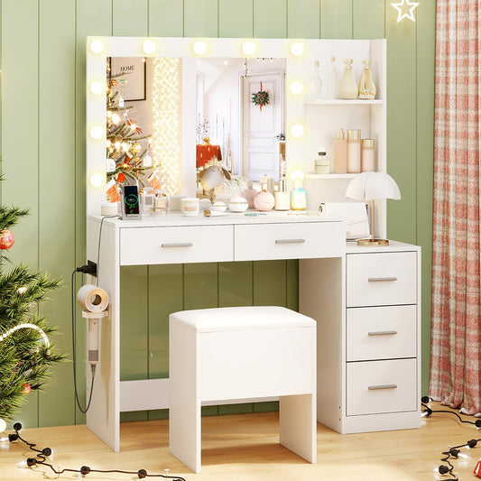 CHARMAID Vanity Desk with Mirror and Lights, White Makeup Vanity Desk with Charging Station, 5 Drawers & 2 Shelves, Storage Stool, 3 Color Lighting Modes, Modern Dressing Table for Bedroom