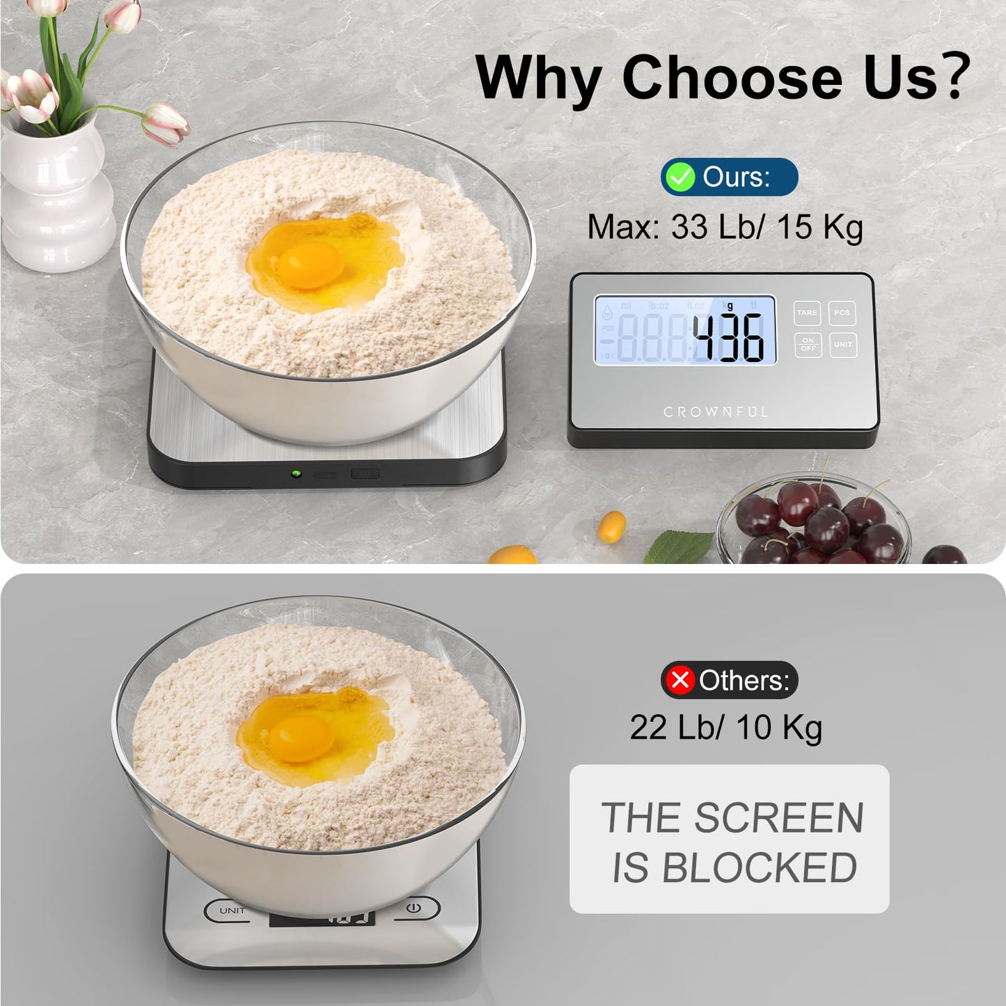 CROWNFUL Split Food Scale, 33lb Wireless Kitchen Scale with Remote LCD Display, 7 Units & Tare Function, 1g/0.1oz, Digital Food Scales for Kitchen, Stainless Steel Food Weight Pan for Cooking/Dieting